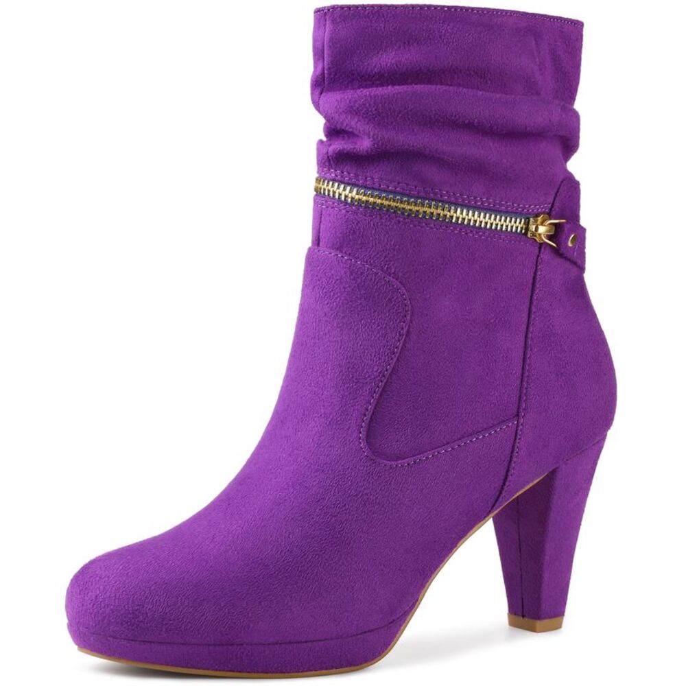 Round Toe Platform Purple Block Heels Mid Calf Boots for Women